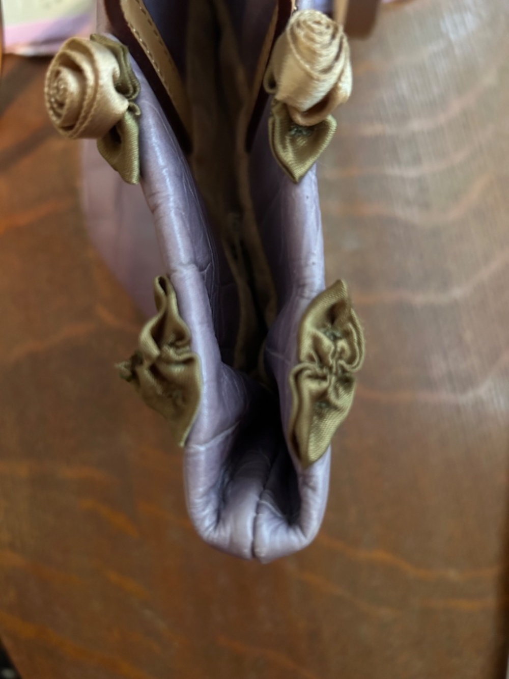 Falor-Le Borse Lavender Italian Leather Crock Embossed Tote with Floral Rosettes - Picture 16 of 16